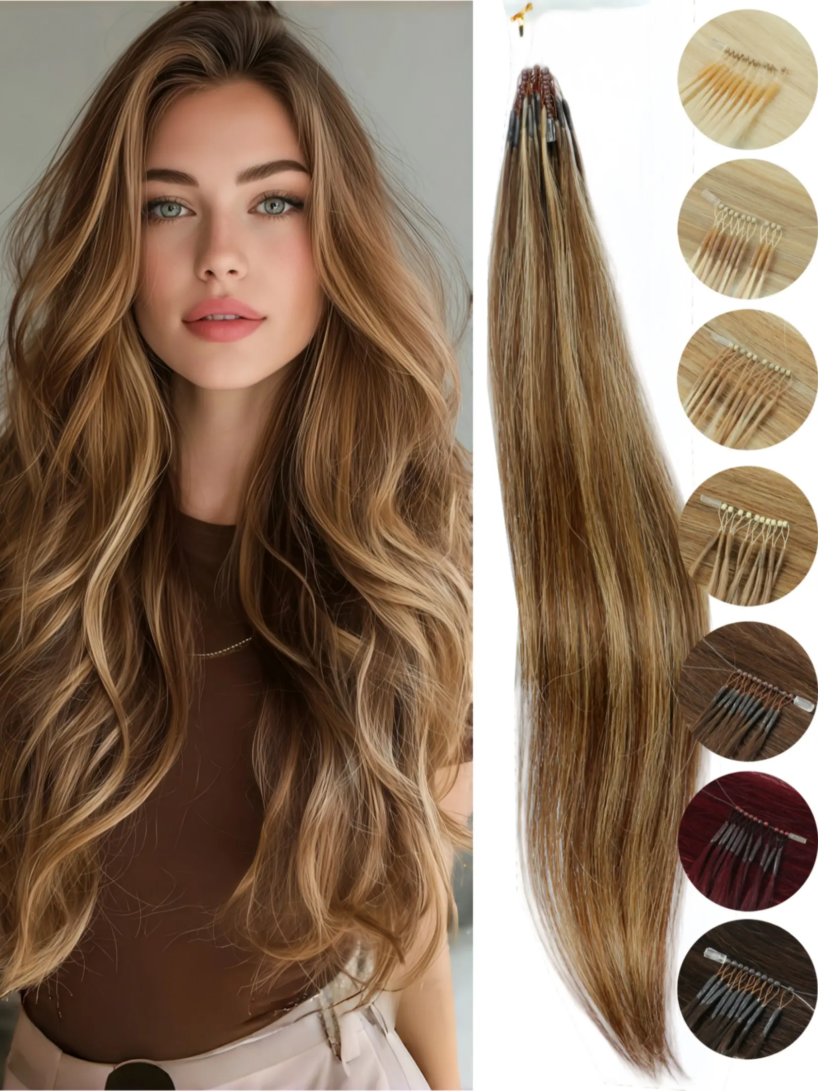 8D Bead Nano Ring Human Hair Extensions, 50 Strands Fish Line Hairpiece for Daily Wearing, Blonde Brown Black