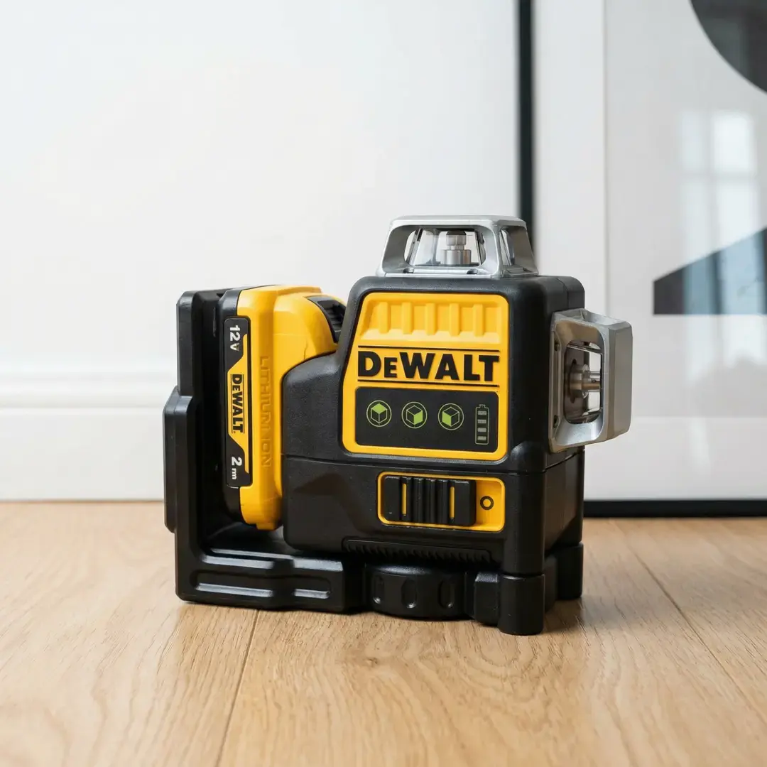 DEWALT DW089LG Self-Levelling Laser Level - Multipurpose Self Levelling Laser, 3-Side 360-Degree Vertical Lines, 12V Li-Ion Battery, Horizontal Green Light, Professional Cordless Outdoor Tool with Yellow Tool Box, Multipurpose Laser Level magnetic mount