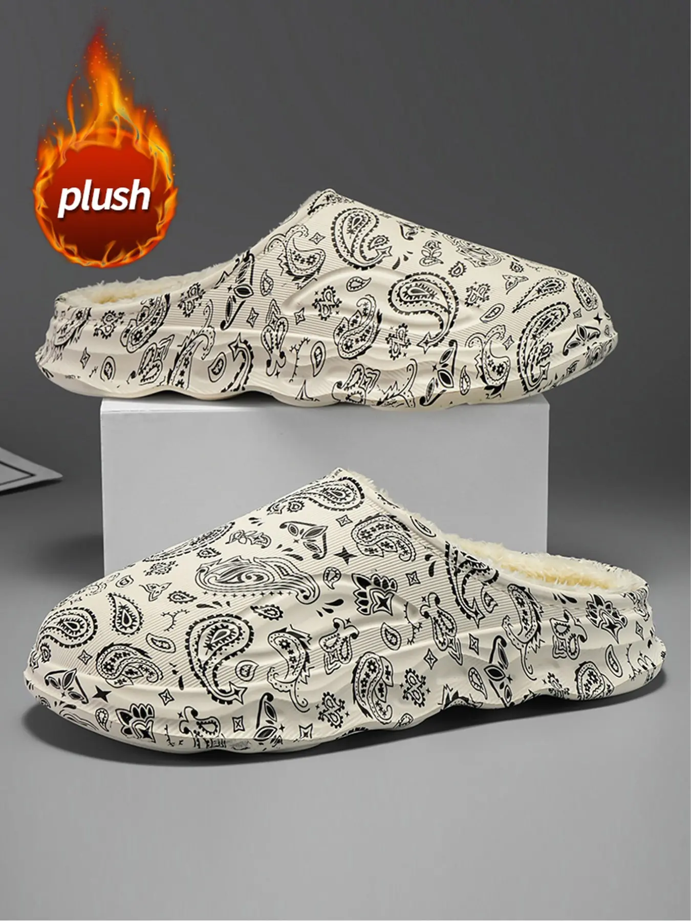 Men's Winter Printed Slippers, Retro Trendy Eva Sole, Waterproof Lined, Shock Absorbing Non-Slip, Sizes Up to 47, Casual Home & Commute