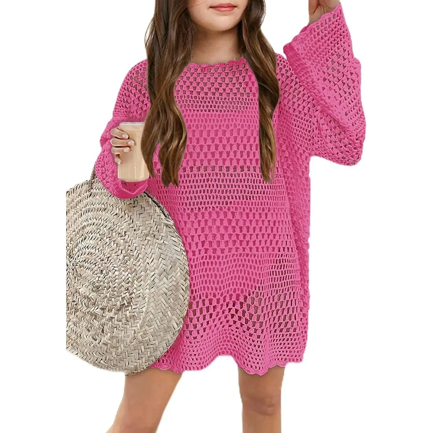 Girls Crochet Long Sleeve Swimsuit Cover Up Kids Fashion Hollow Out Swimwear Beach Dress 5-14 Years