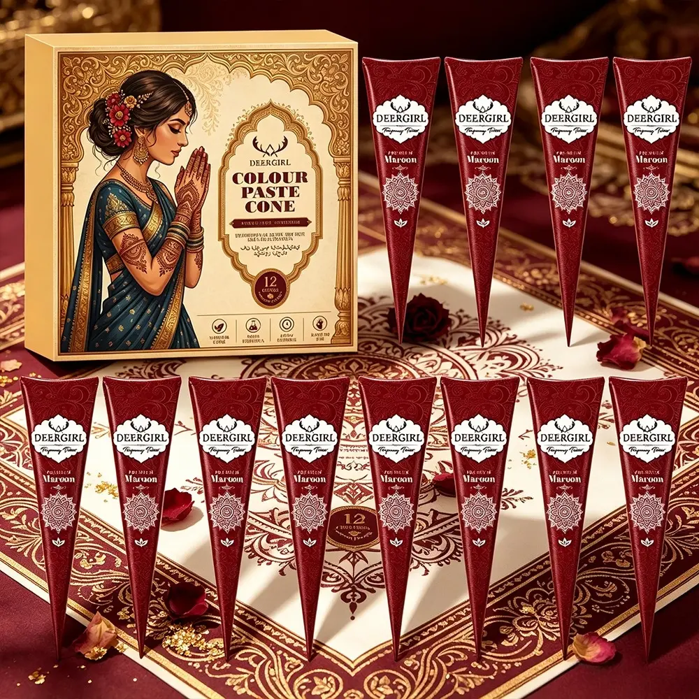 12 pink henna cone kit for traditional Indian body art, Henna Tattoo Kit, user-friendly mild paste for DIY patterns on hands, feet and nails. Sweatproof multi-day color retention, bulk supplies for weddings, music festivals and street stall business.