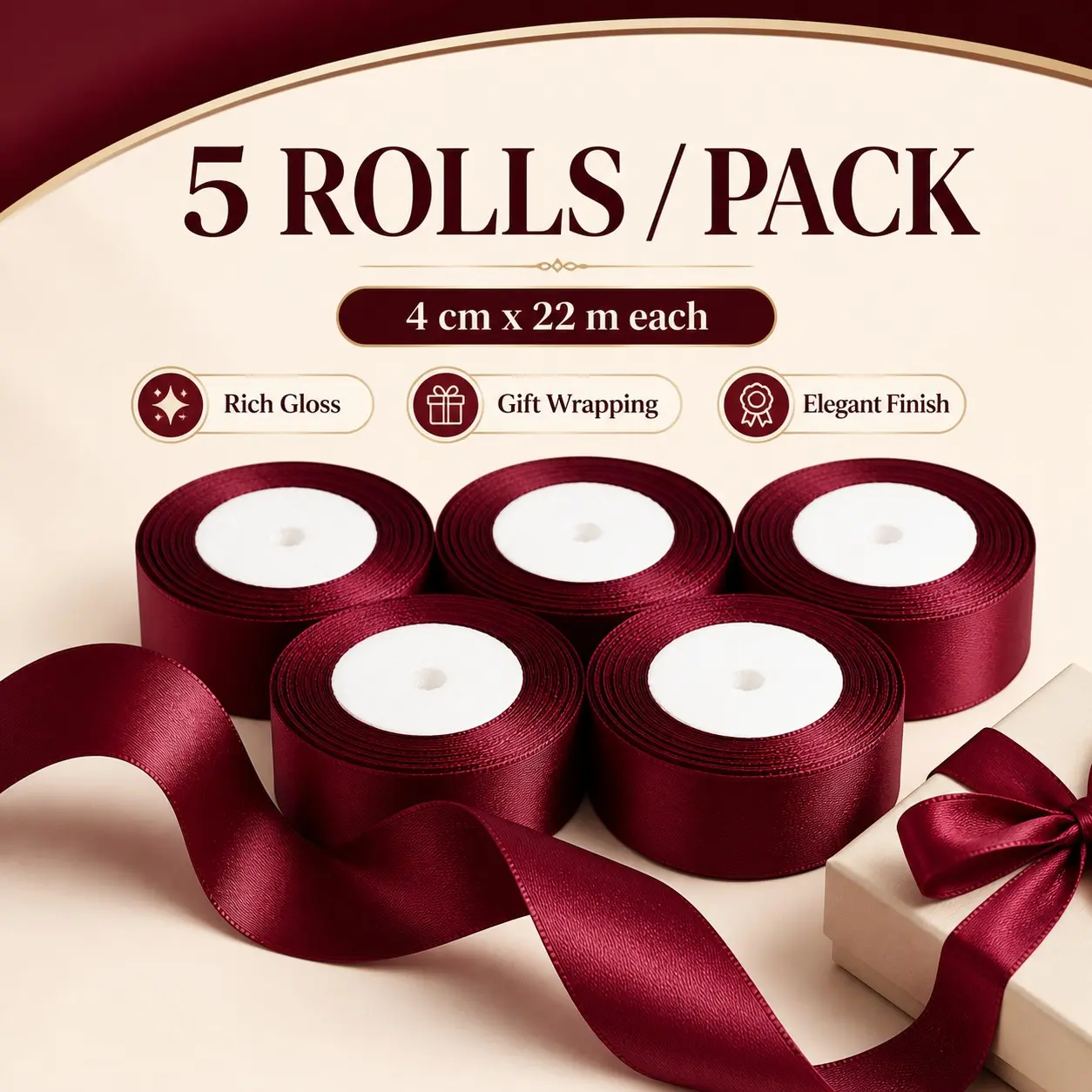 5 Rolls Wine Ribbon, Thick Gift Wrapping Ribbon, 4cm X 22m, Ideal for Christmas, New Year, Valentine's Day, Wedding, DIY Crafts, Party Decorations