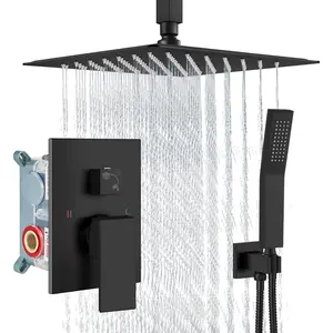 Ceiling Mount Shower System Rain Shower  with Handheld  High  Shower Faucet Set Rough-in Valve Shower Trim Kit Included Bathroom Matte Black 12 Inch Ceiling Shower