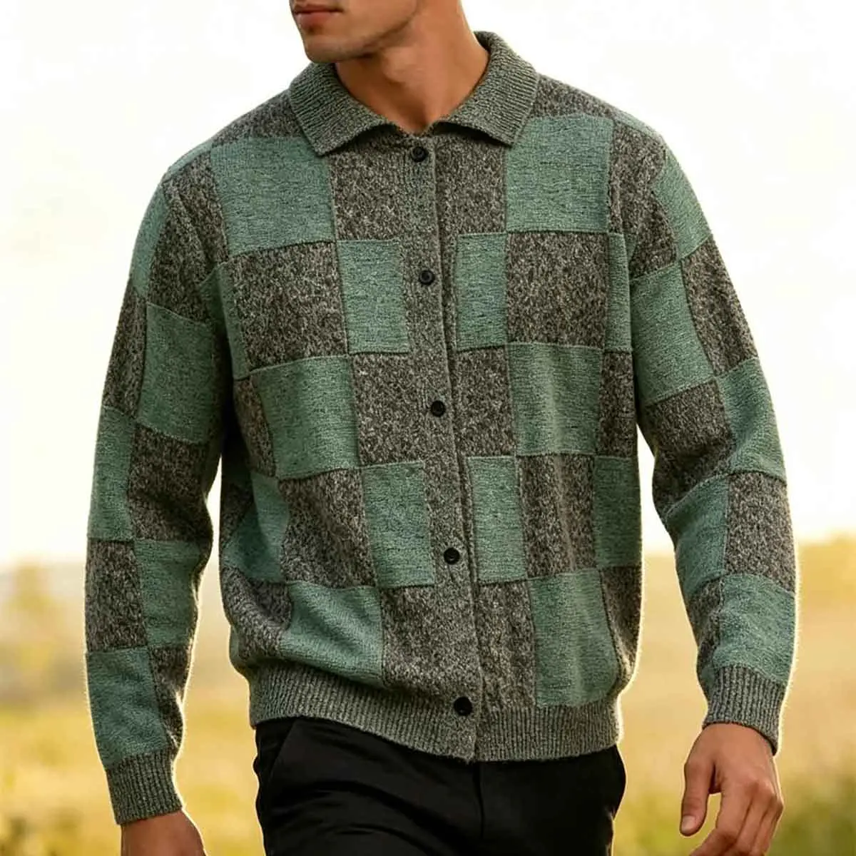 Men's Plaid Polyester Knit Cardigan - Lapel Button-Down Patchwork Long Sleeve Clothes, Loose-Fit Casual Everyday Vintage Streetwear for Spring-Autumn, Fashion Green Color-Block Unisex Outerwear