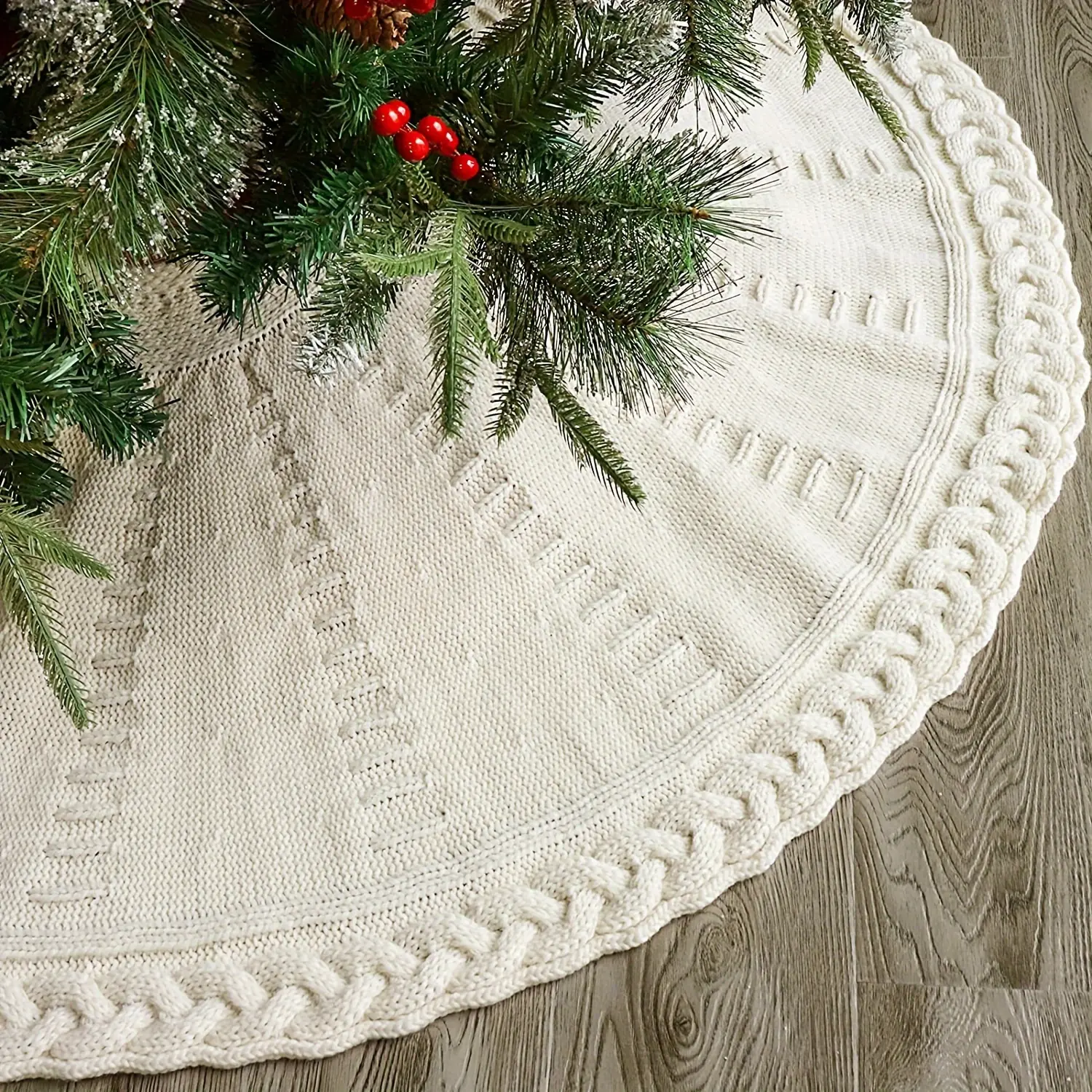 Knitted Christmas Tree Skirt, Thick Country Cable Knit Decoration, Farmhouse Christmas Decor, Holiday Family Gathering Ornament