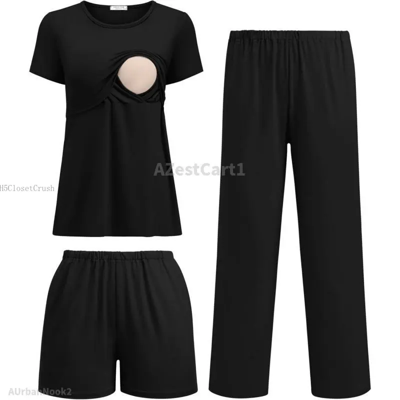 Soft 3 Piece Maternity Pajama Set, Nursing Friendly Postpartum Clothes with Shorts & Pants, Women's Loungewear, Nursing Friendly Clothes, Maternity Clothing