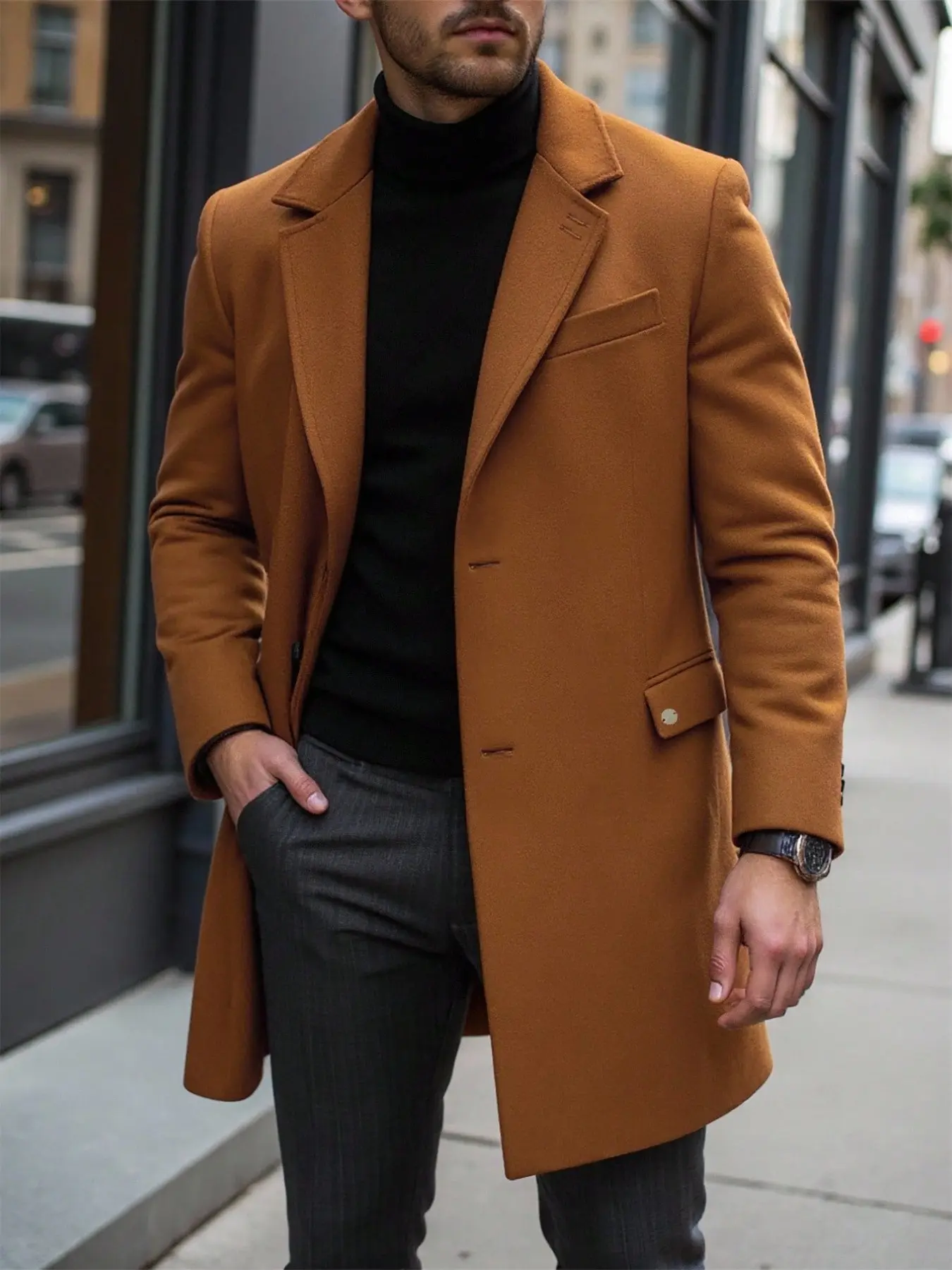 Men's Fashion Fall Winter Solid Button Front Long Coat, Classic Business Casual, Pocket Jacket Gift, Suit Collar Overcoat, Daily Wear