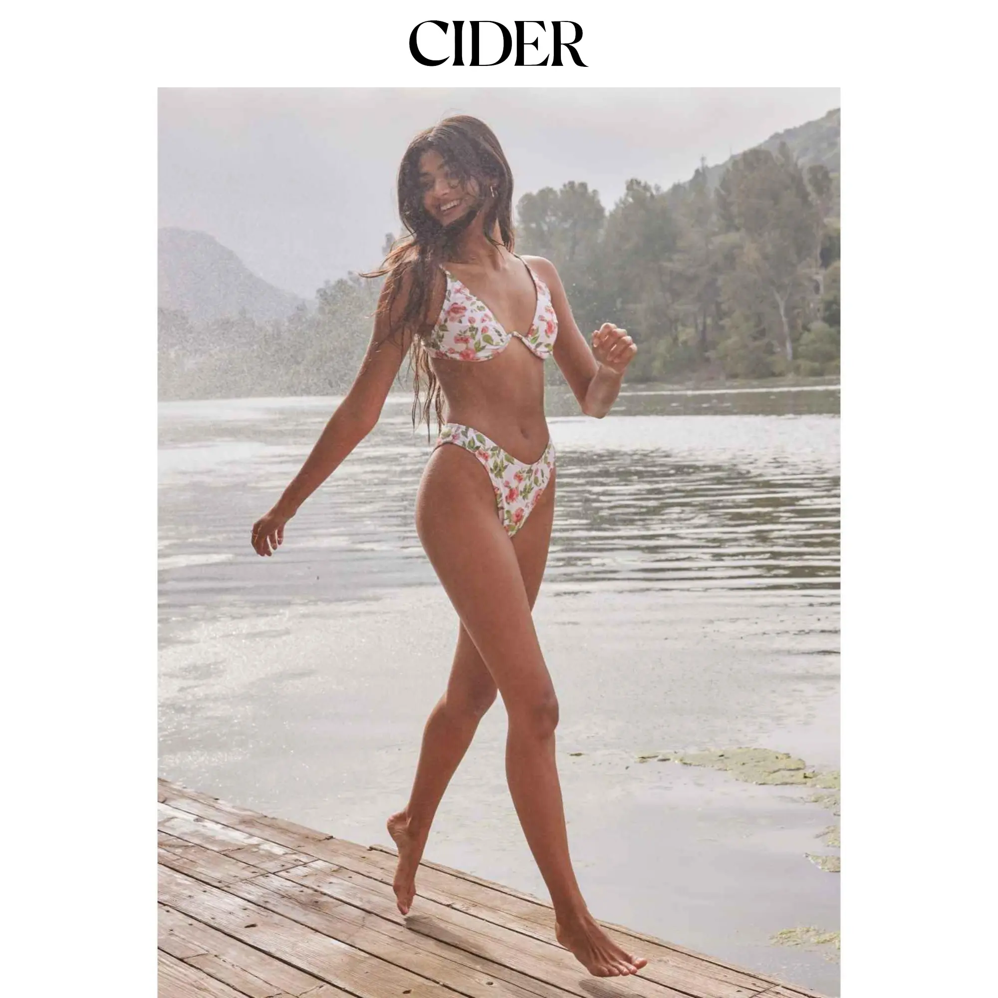 Cider V-neck Floral Underwire Cheeky Bikini Swimsuit With Mesh Knotted Sarong Cider V-neck Floral Underwire Cheeky Bikini Swimsuit With Mesh Knotted Sarong