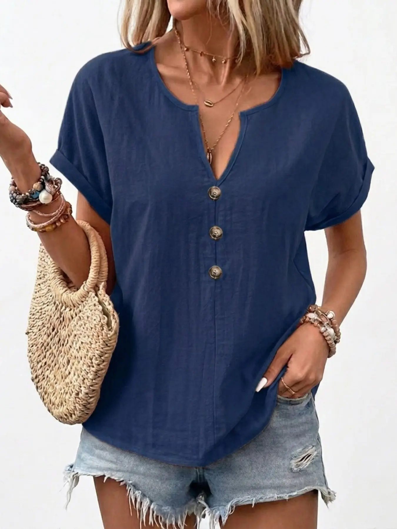 Women's Spring Summer New Elegant Casual Batwing V-Neck Shirt Blouses, Vintage Wooden Button Design, French Style Office Commute Slim Fit Top