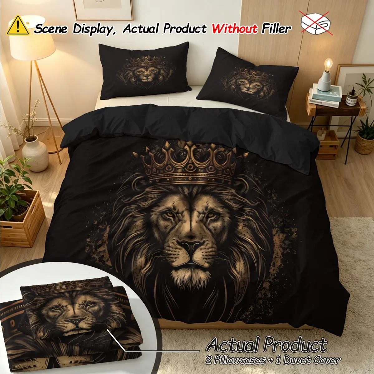 Lion Crown Print Duvet Cover Set, (1 Duvet Cover + 2 pillowcases, no filler), Multi-size Duvet Cover 3-piece set, soft skin-friendly & machine washable, all-season theme bedding set for home decor, perfect gift choice for bedroom