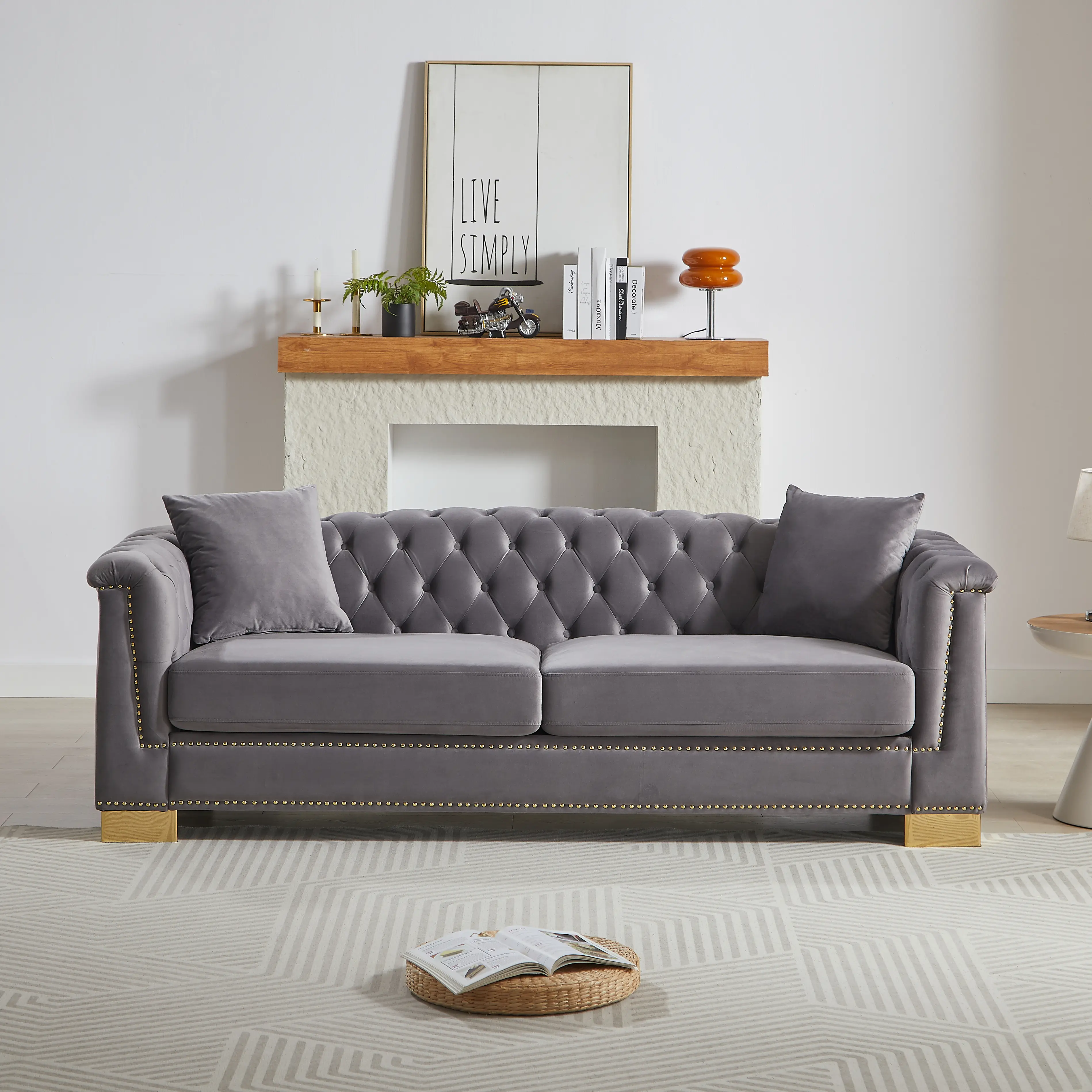 ARCH Classic Chesterfield Sofa 3-Seater 84in Velvet Tufted Couch with Rolled Arms Gold Studs Wood Frame for Living Room Bedroom Apartment Grey, Grey Color Options, Velvet Material, 3 Seat Seat Count, Product Dimensions: 32.50 W x 84.00 D x 28.25 H in
