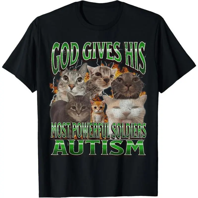 Women's Cotton Short-Sleeve Statement T-Shirt - God Gives His Most Powerful Autism Funny Cat Meme Bootleg Tee, Soft Breathable Natural Fabric, Casual Streetwear Style Tops for Women, Comfortable Casual Wear