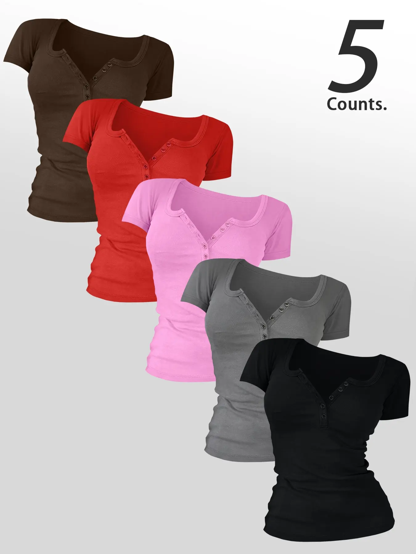 Women's Casual Chic Minimalist Basic Plain Summer Short Sleeve Round Neck Top with Buttons, Comfortable Fabric for Daily Wear, Everyday, Set of 5 Pieces