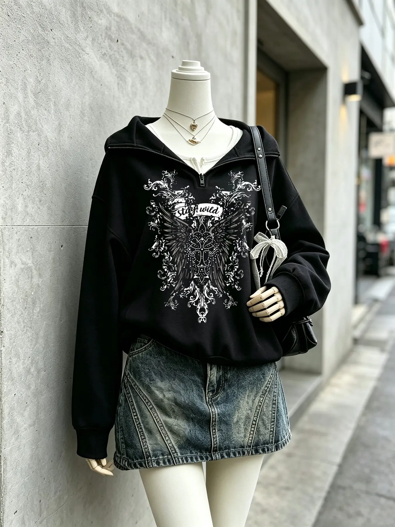 Women's Casual Hooded Sweatshirt, Long Sleeve Half-Zip Design, Vintage Dark Style, Cross Embroidery Print, Streetwear Fashion