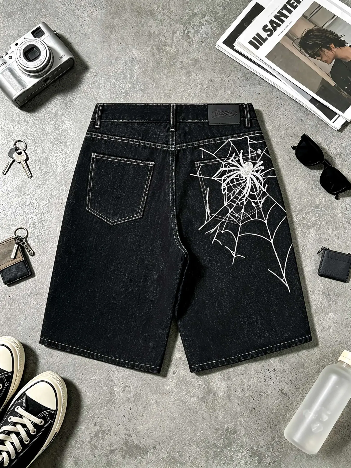 Men's New Summer Fashion Star Pattern Embroidered Spider Web Loose Fit Jeans Shorts, Casual Loose-Fitting Denim Jeans for Summer