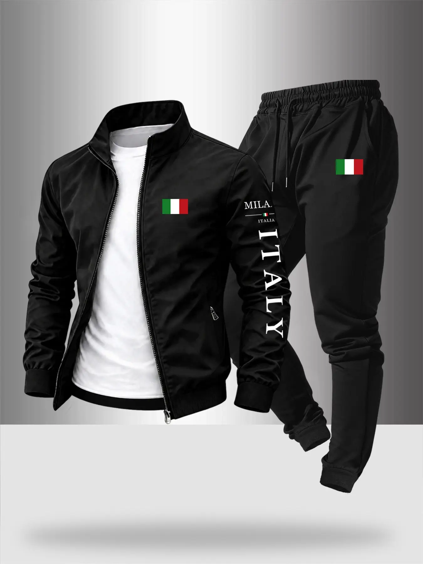 Men's Italian Flag Letter Print Lightweight Long Sleeve Jacket & Jogger Set, Casual Two-Piece, Comfortable Men's Wear, Menswear