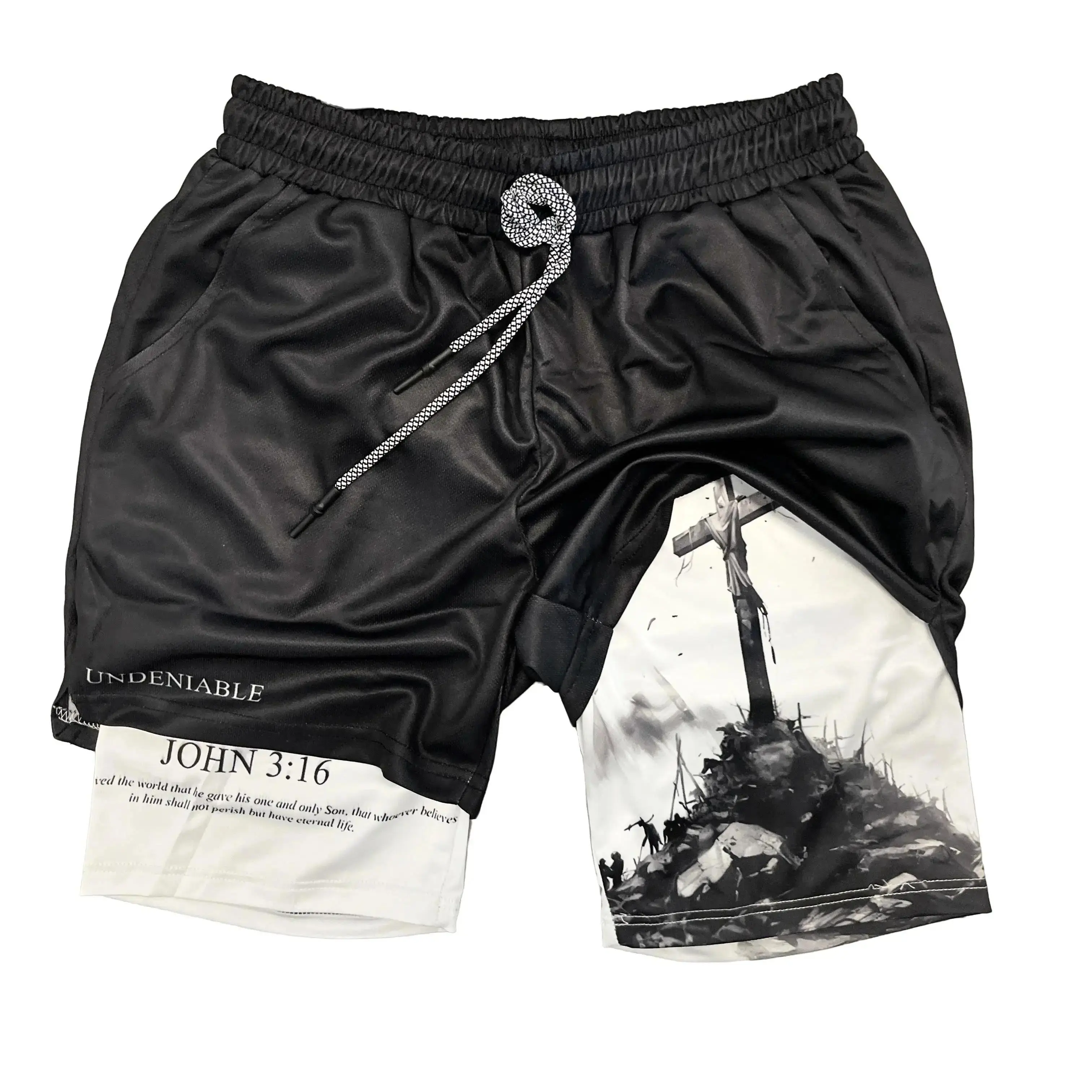 Athletic Graphic Men's JOHN 3:16 The Cross Double Layer Sports Shorts, Summer Beach & Fitness Training Bottoms, Athletic Graphic Men's Sports Shorts