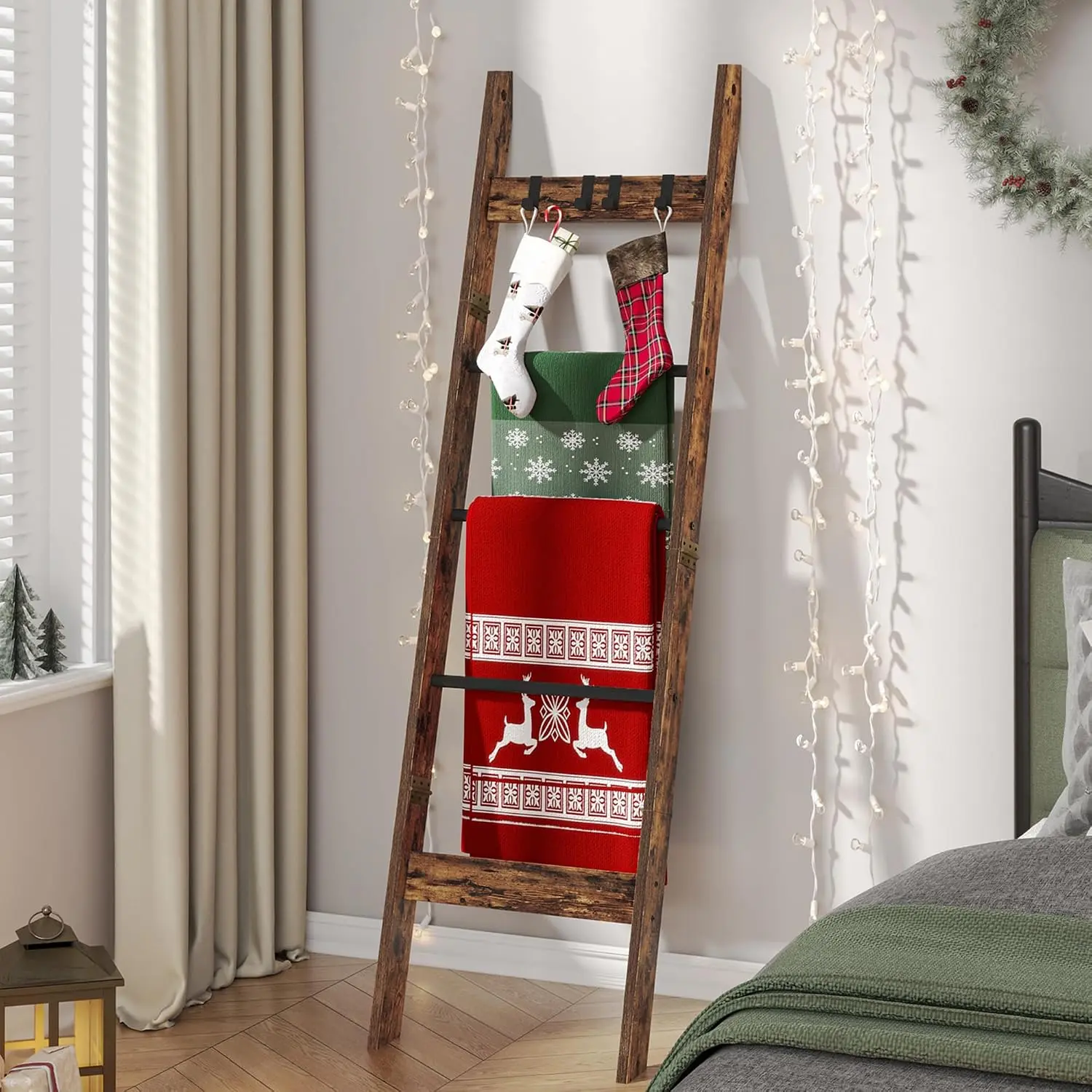 Blanket Ladder  Living Room, Decorative Quilt Rack with 4 Removable Hooks, 5-Tier Farmhouse Ladder Holder Shelf Organizer  Bedroom, Rustic Brown and Black