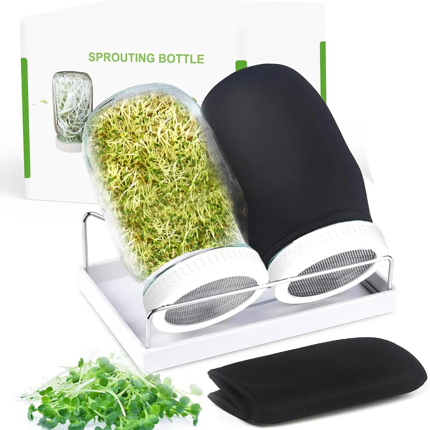 Seed Sprouting Jar Kit – 2 × 32 oz Wide-Mouth Mason Jars with Stainless-Steel Sprouter  & Stand, Blackout Sleeves, Drain Tray – Grow Broccoli, Alfalfa & Bean Microgreens