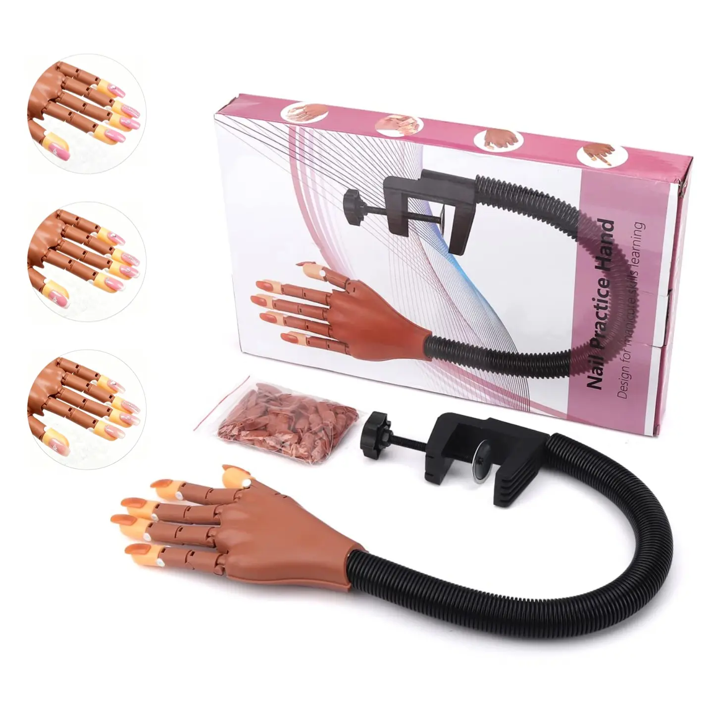 Practice Hand Kit for Nail Art, Acrylic Nails Training Tools for Tattooed Nail Jewelry and Manicure Practice,  Movable Nail Mannequin Hand with 100PCS Nail Tips