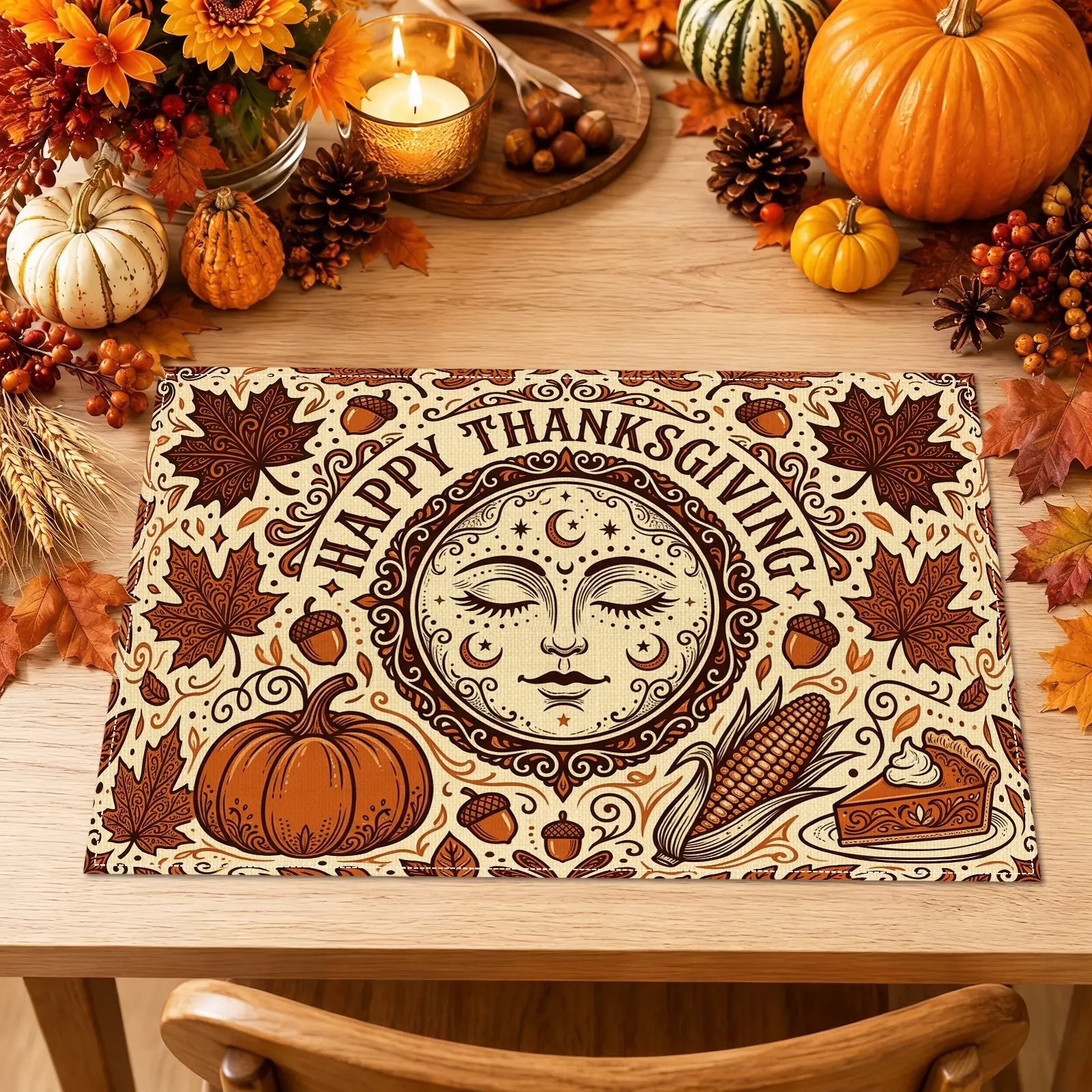 4/6pcs Pumpkin Maple Leaf & Thanksgiving Sun Placemats, Rustic Harvest Style for Dining Table, Kitchen, Thanksgiving Dinner & Home Decor, Thanksgiving Gifts, Table Decoration