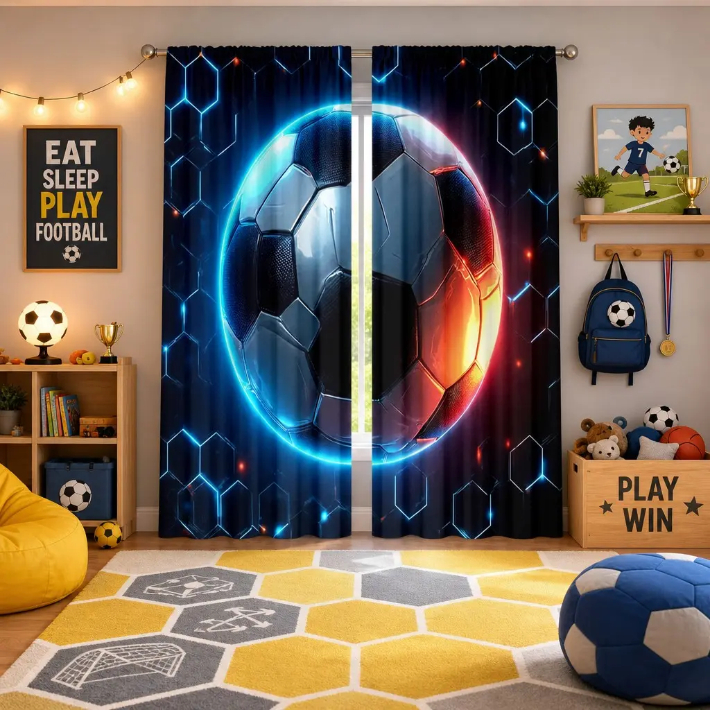 2-piece set of football printed curtains, football enthusiast curtains, semi transparent polyester fiber, machine washable, suitable for home decoration all year round, Window curtains