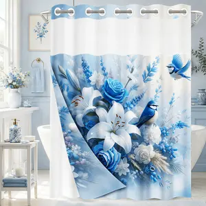 1 Pc 2D Flat-Print Hookless Shower Curtain Liner, Blue and White Floral Birds Waterproof Fabric with Transparent Window, Double-Layer 71 x 74 inch Bathroom Curtain