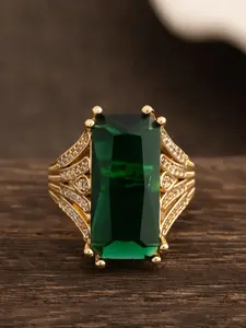 Rectangle Cut Imitation Emerald Cubic Zirconia Statement Ring For Women 18K Gold Tone Plated Wing Shape Split Shank Micro Pave Small CZ Accent Cocktail Party Jewelry Hypoallergenic Anti Tarnish Vintage Luxury Gift For Ladies Her