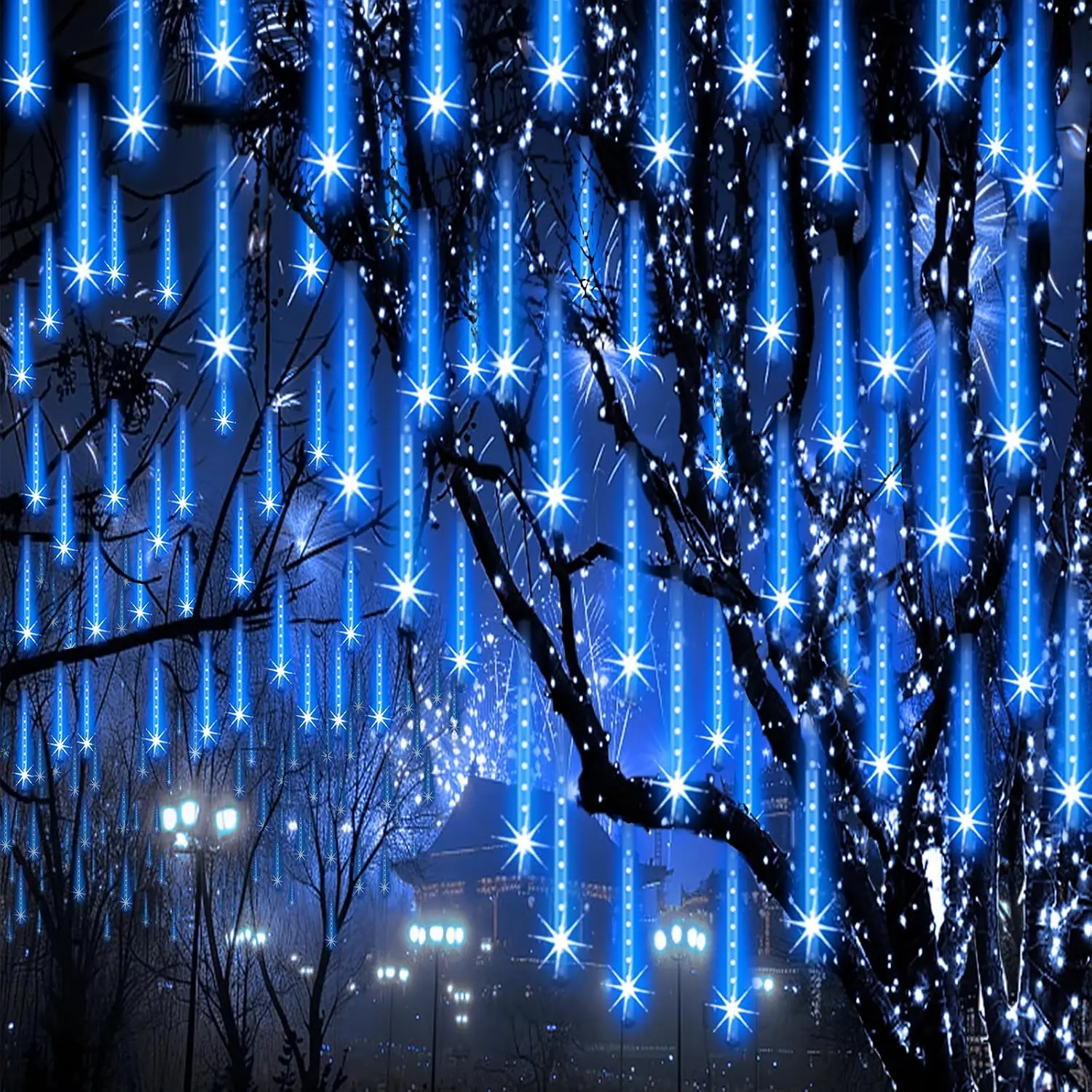Christmas Lights Outdoor, Snow Falling Rain Cascading Icicle Lights | 24-Tube 576LEDs Meteor Shower Light for Xmas Tree Christmas Decorations Wedding Party Holiday Garden Decor, UL Plug Blue