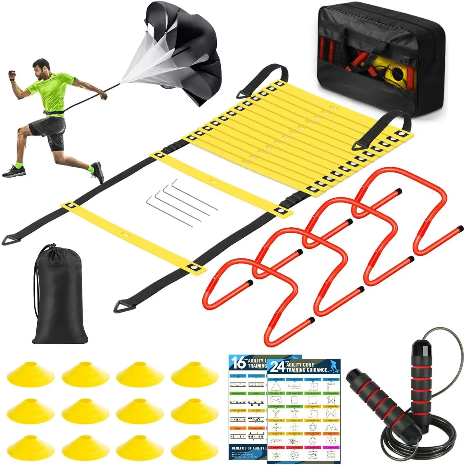 Speed Agility Training Portable Set for Soccer/Basketball, a 6-in-1 Kit with 20ft Ladder, 12 Cones, 4 Hurdles, Jump Rope & Running Parachute for Kids, Youth, and Adults
