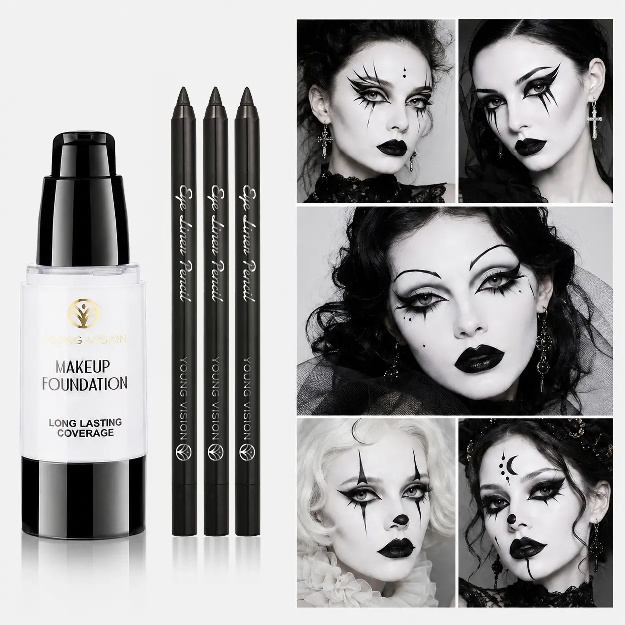 YOUNG VISION Foundation Set with Three Eyeliner Pencils, Creative Stage Makeup, Halloween Cosplay Makeup Kit