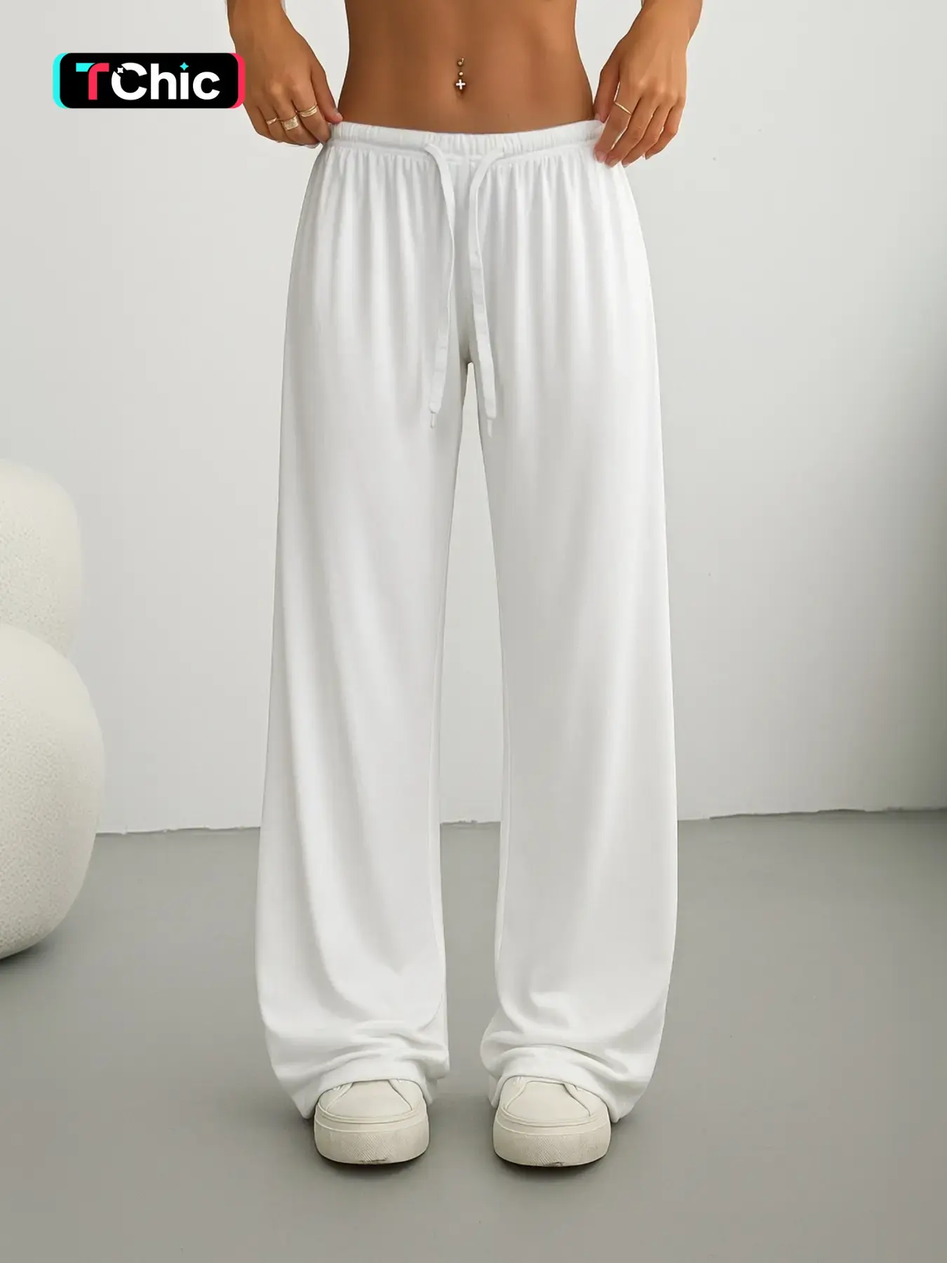 Women's Solid Color Woven Adjustable Drawstring Waist Wide Leg Loose Pants, Casual Comfy Minimalist Trousers for Everyday Wear, Womenswear
