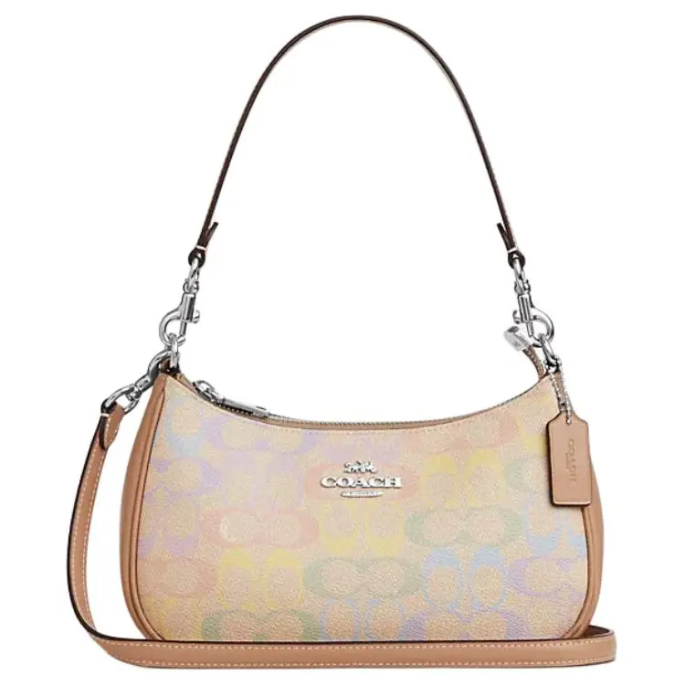 COACH Teri 24 Crossbody Bag for Women – Rainbow-Colored Coated Canvas with Detachable Handle and Silver Buckle