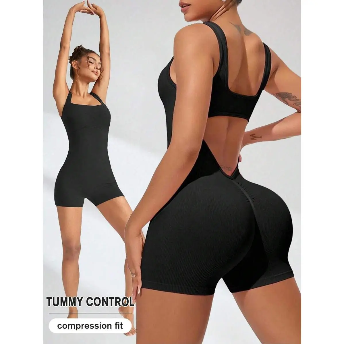Women's Sleeveless Backless V-Back Scrunch Butt Gym Jumpsuit - Padded, Tummy Control, Bodycon Romper, Women's Active Wear, Women's Gym Wear