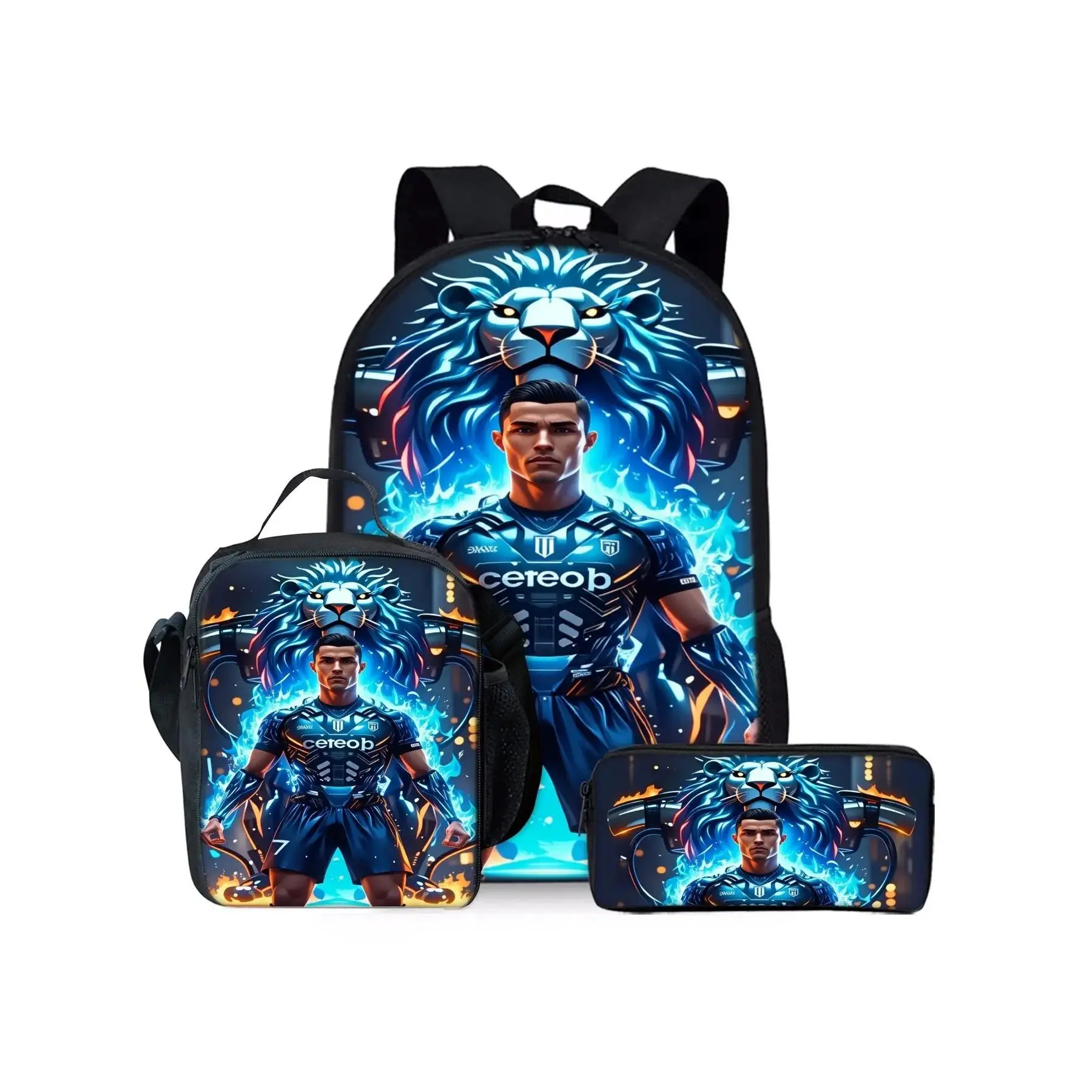 Football star printed backpack three-piece set, including lunch bag, pencil case, and backpack, Backpack for School.