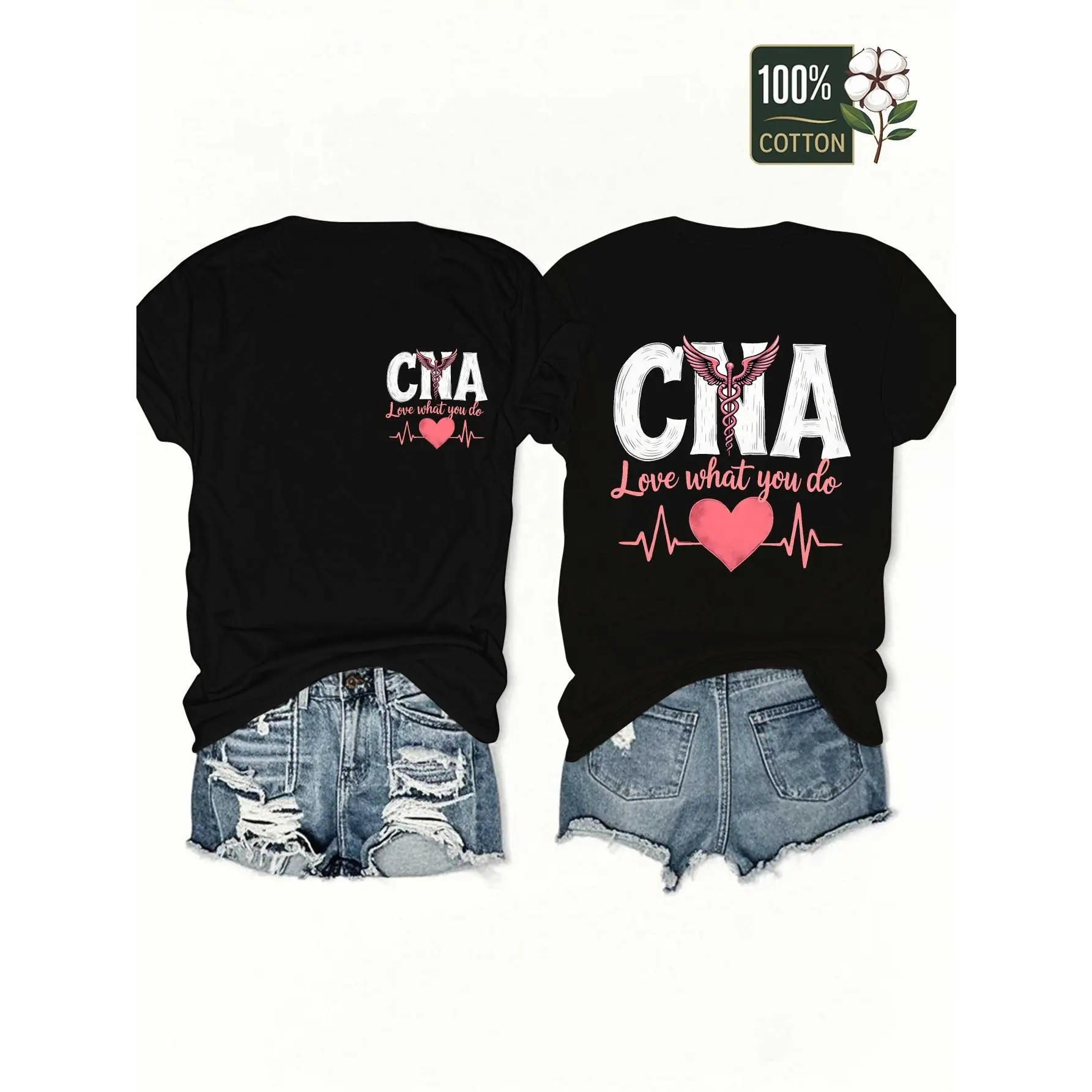 Women's CNA Caduceus -Themed T-Shirt - 100% Comfort Fit CNA Lettering & Heartbeat Design with Caduceus Symbol - Nursing Apparel for CNA Professionals, Casual Work & Casual Attire - Machine Washable All-Season Round Neck Tee
