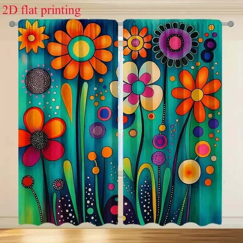 2 Piece Polyester 2D Plant Theme Curtains, Ready Made Curtains, Cartoon Colorful Flower Pattern Rod Pocket Drapes, Bedroom and Living Room Decor, Window Curtain