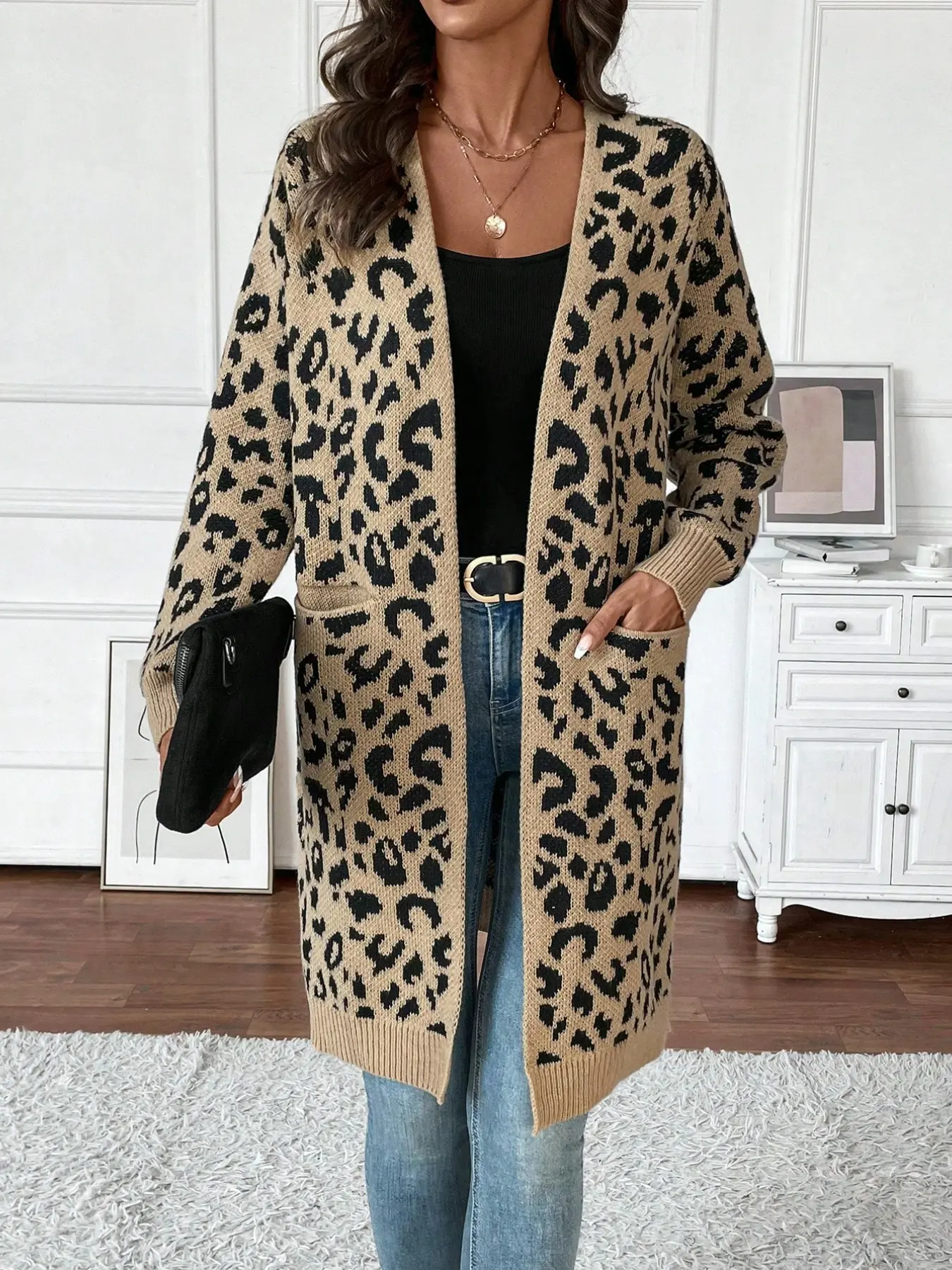 Leopard Print Knit Cardigan Women, V Neck Buttonless Long Sleeve Top, Casual Loose Fit Pullover with Pockets, Fall & Winter Outerwear
