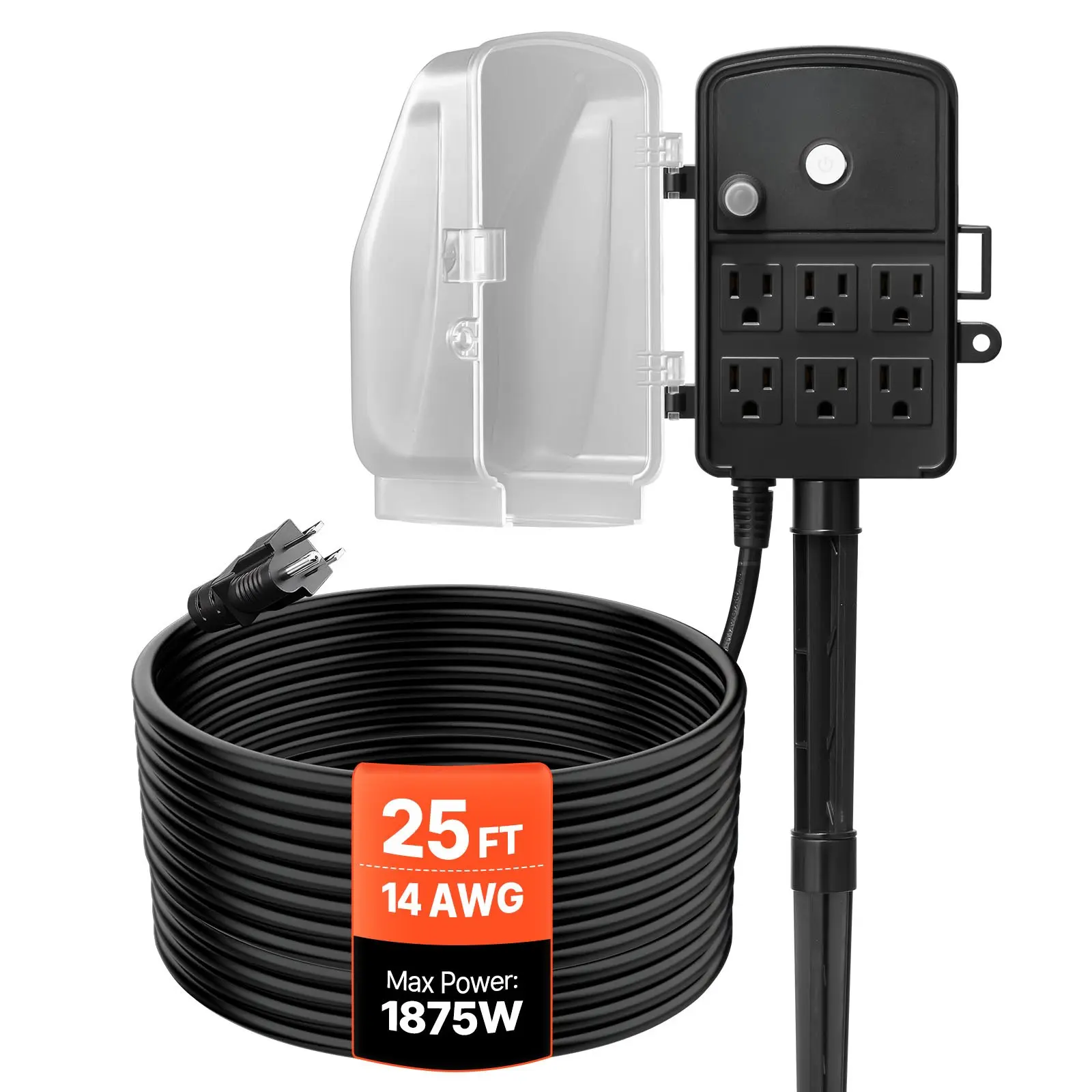 VEVOR Heavy-Duty Outdoor Power Stake, 25 FT Extension Cable, Weatherproof Power Strip with Cover, Overload Protection, 6 Outlets, 15A/1875W, Mountable Plug Hub for Christmas Lights & Devices, Waterproof