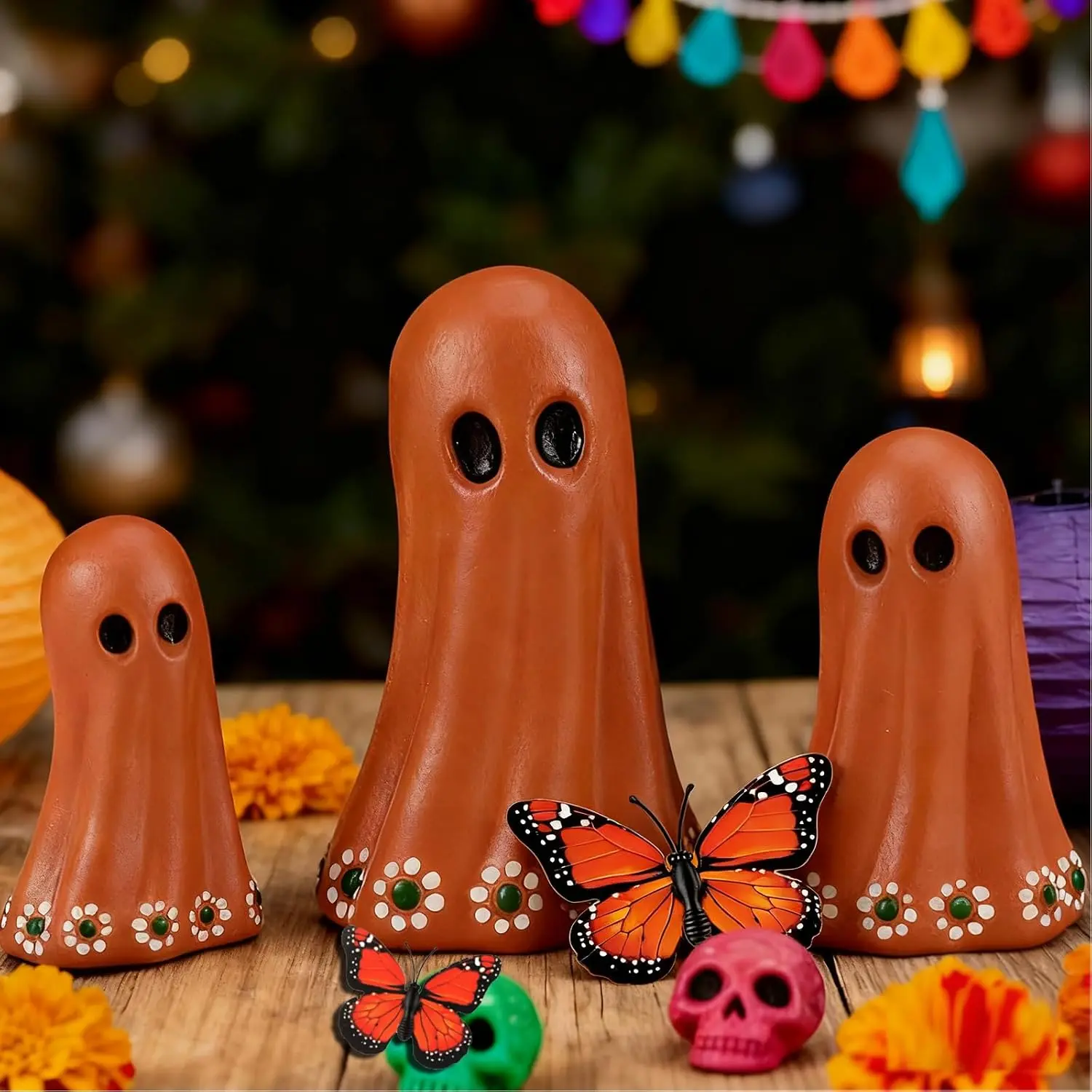 3 count Halloween Mexican  Figurines  Halloween Muertos Terracotta  Tabletop Decor Terracotta Floral Centerpiece for Mexican Xmas  Decoration Indoor