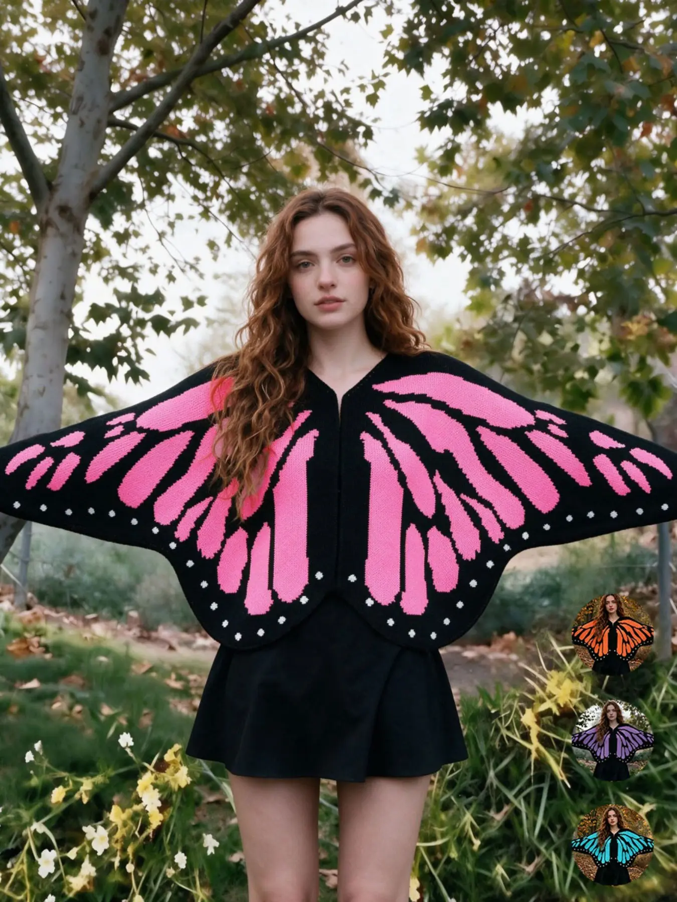 Butterfly Wings Knit Short Cardigan, Boho Style, Large Silhouette, Polka Dot Trim, Front Opening, Outdoor, Garden, Party
