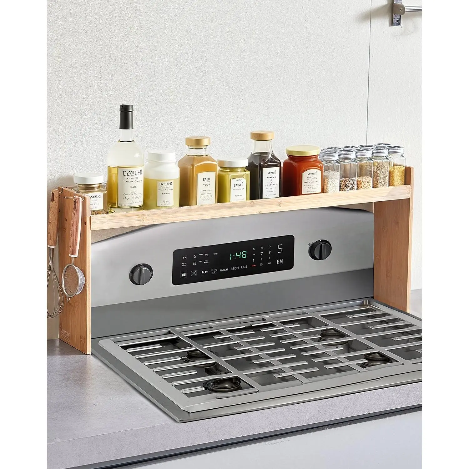 VEVOR Over the Stove Shelf, Over Stove Spice Shelf for Kitchen Stove Top, Seasoning Shelves, Spice Organizer, Easy to Assemble Countertop Storage Solution, Kitchen Gadgets with 6 Hooks