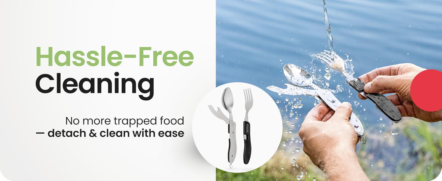 AGS Orblue 4-in-1 Camping Eating Utensils, 2-Pack - Portable Spoon, Fork, Knife & Bottle Opener Combo Set - Stainless Steel Flatware with Detachable Fork - Travel, Backpacking Cutlery Multitool, Yellow