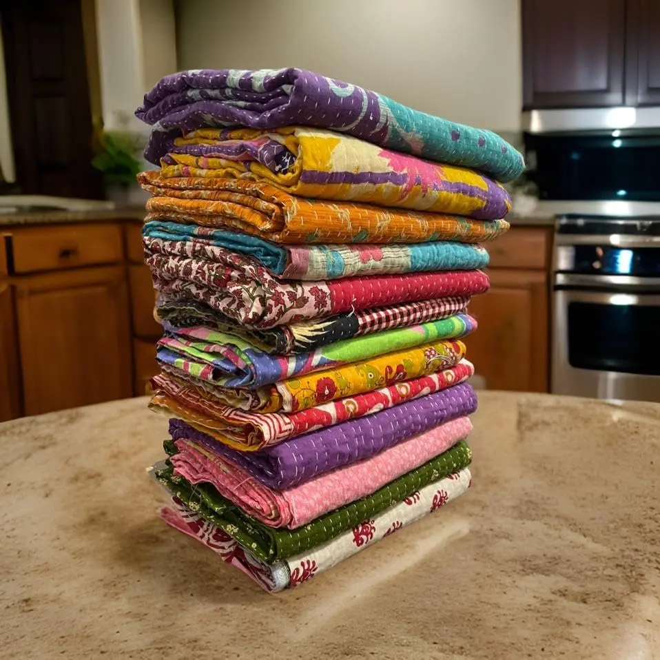 Handcrafted Bohemian Indian Vintage Kantha Cotton Blanket & Throw - Multi-Color, 60x50 in, Reversible, Lightweight, Floral Patchwork, Indoor Use Home Decor, 1-Piece, Room Decor, Cotton Fabric