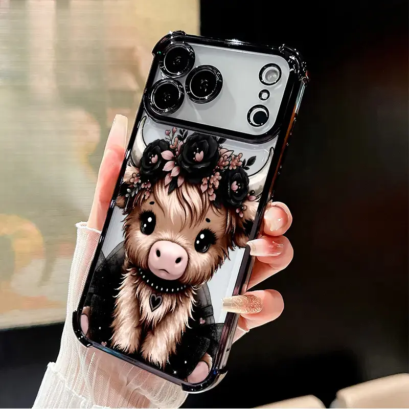 Electroplated Transparent Silicone Phone Case for iPhone 17, 16 Pro Max, 15 Plus, 14, 13, 12, 11, SE, Air - Floral Highland Calf Pattern, 4-Corner Air Cushion, Anti-Drop Protection Smartphone Shockproof with Accessories