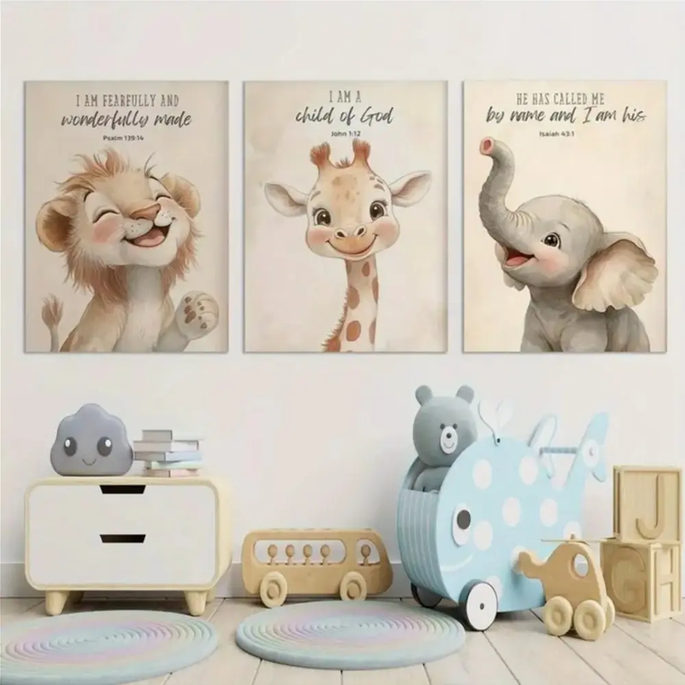 3-piece Watercolor Safari Animal Kids' Room Wall Art Set, Cute Smiling Lion, Giraffe & Elephant, Framed and Unframed Options Available