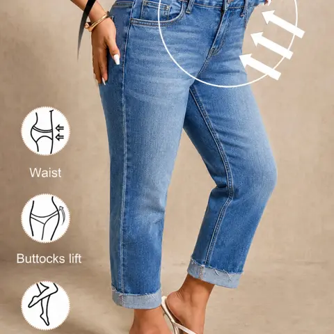 Women's Plus Size High-Waisted Stretch Fabric Stretchy Straight Leg Fit Denim Jeans, Turn Up Hem, Cropped, Washed Blue, Everyday Casual Chic Fashion, All Seasons, Natural Waist