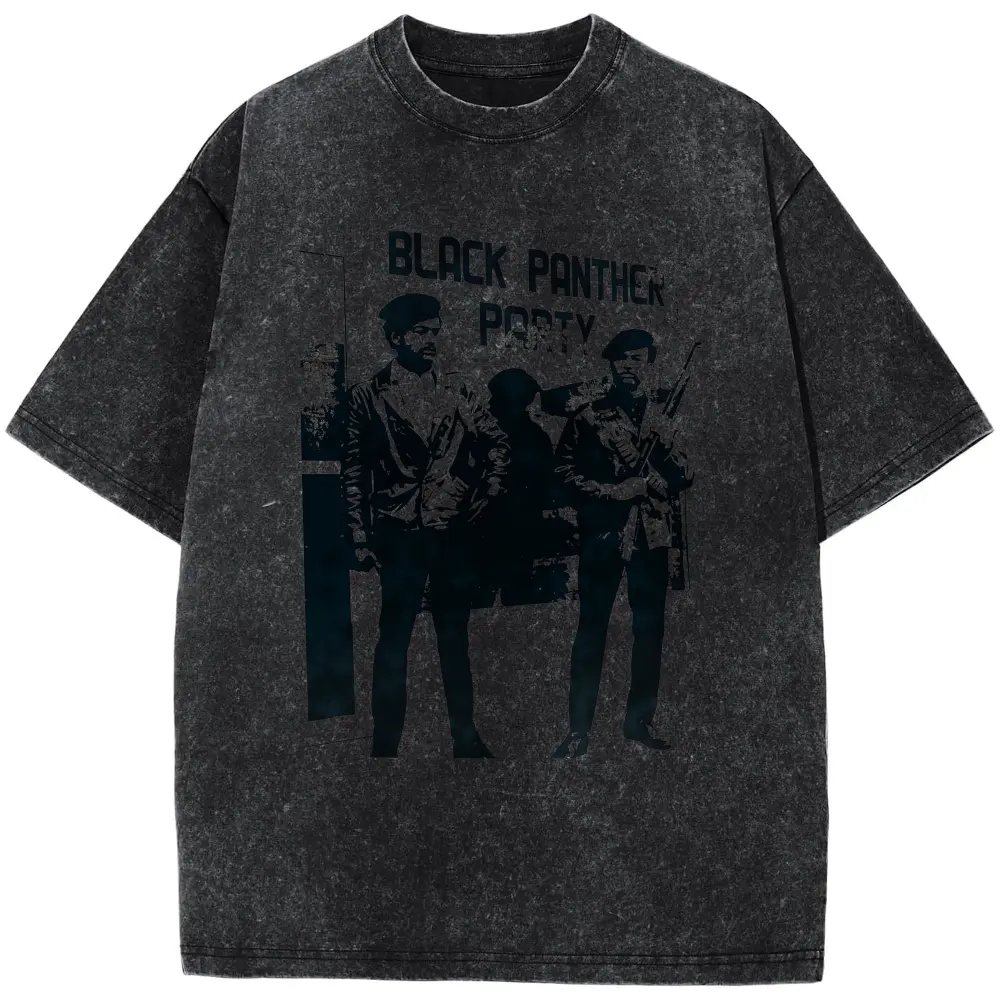 Men's Vintage Black Panther Party T-Shirt - BPP Inspired, Historical Self-Defense Print, Blend, Short Sleeve, Round Neck, Breathable & Machine Washable, Ideal for Casual Wear 4XL 5XLPlus Size T-Shirt, Retro Fitness Heavyweight Washed T-Shirt, 100% Cotton