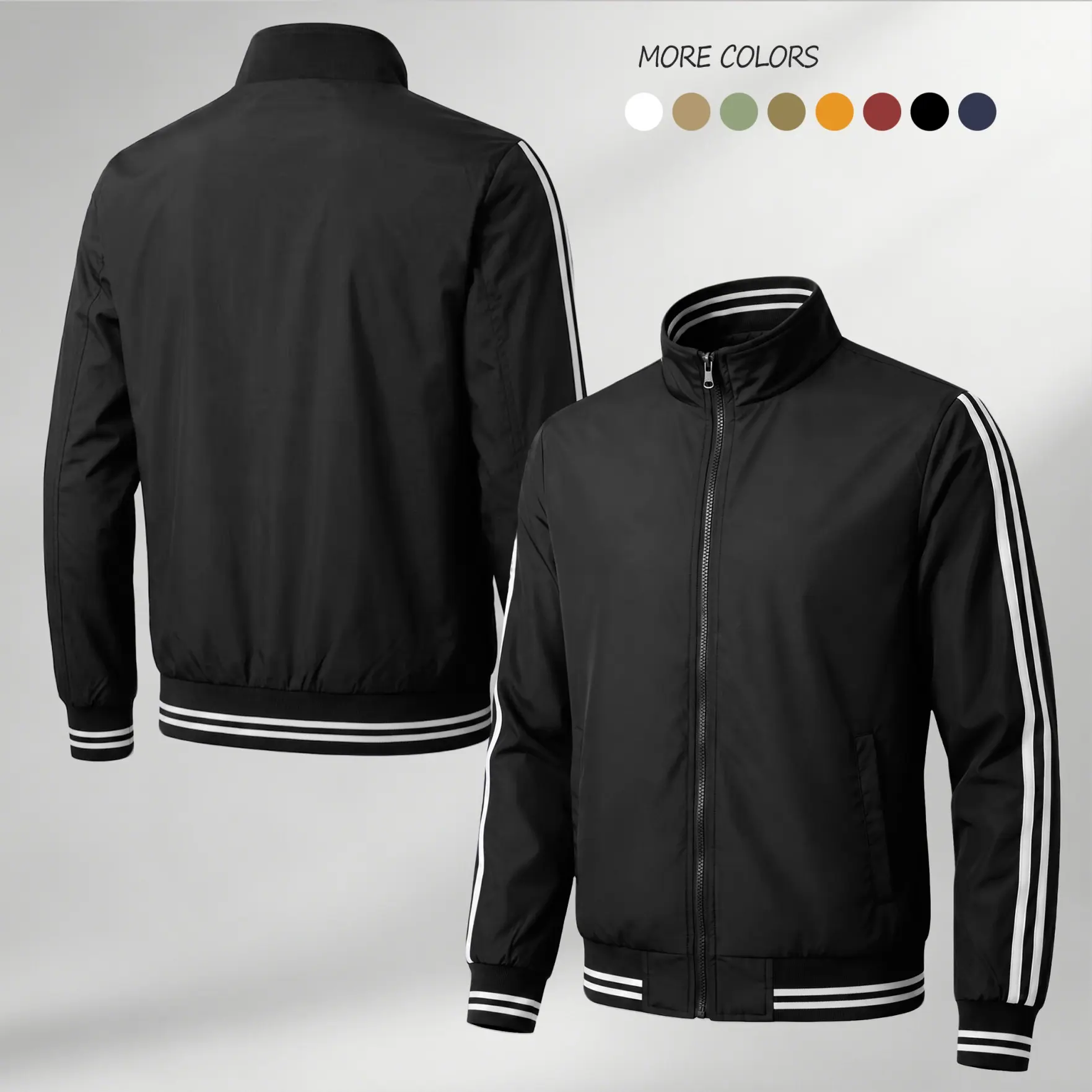 Men's Sporty Bomber Jacket, Lightweight Thin Fabric Flight Outerwear with Full Zip and Stripe Sleeves for Casual Streetwear, Zipper