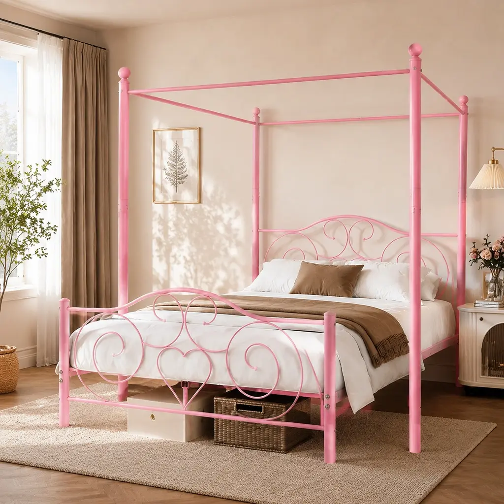 ARCH Queen Metal Canopy Bed Frame with Vintage Headboard and Footboard, Pink Platform Bed, No Box Spring Needed, Heavy Duty Steel Frame, Noise Free, Easy Assembly, Under Bed Storage, Queen Size